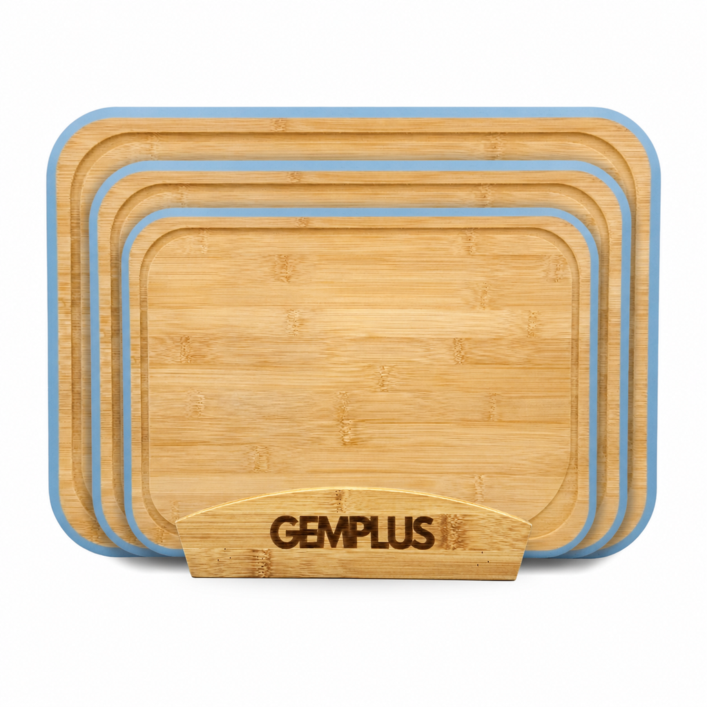 GEM+ | Bamboo Chopping Boards Set with Stand Blue Trim – 3 Piece Wooden Kitchen Cutting Board Set