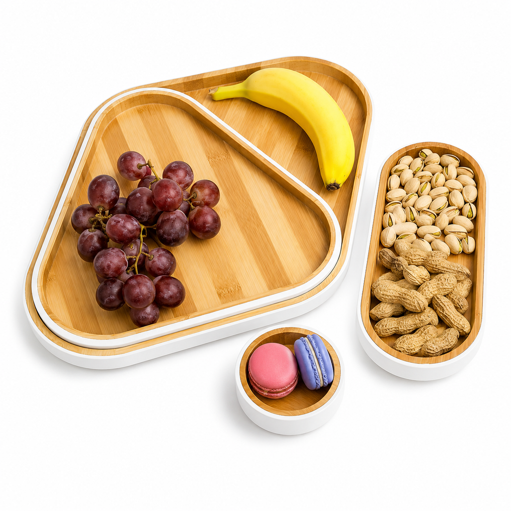 GEM+ | 4-Piece Bamboo Dry Fruit & Snack Tray Set – Elegant & Durable Blue/White