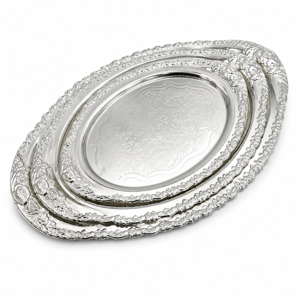 GEM+ | Premium 3-Piece Silver-Plated Vintage Tray Set – Elegant Durable Thick