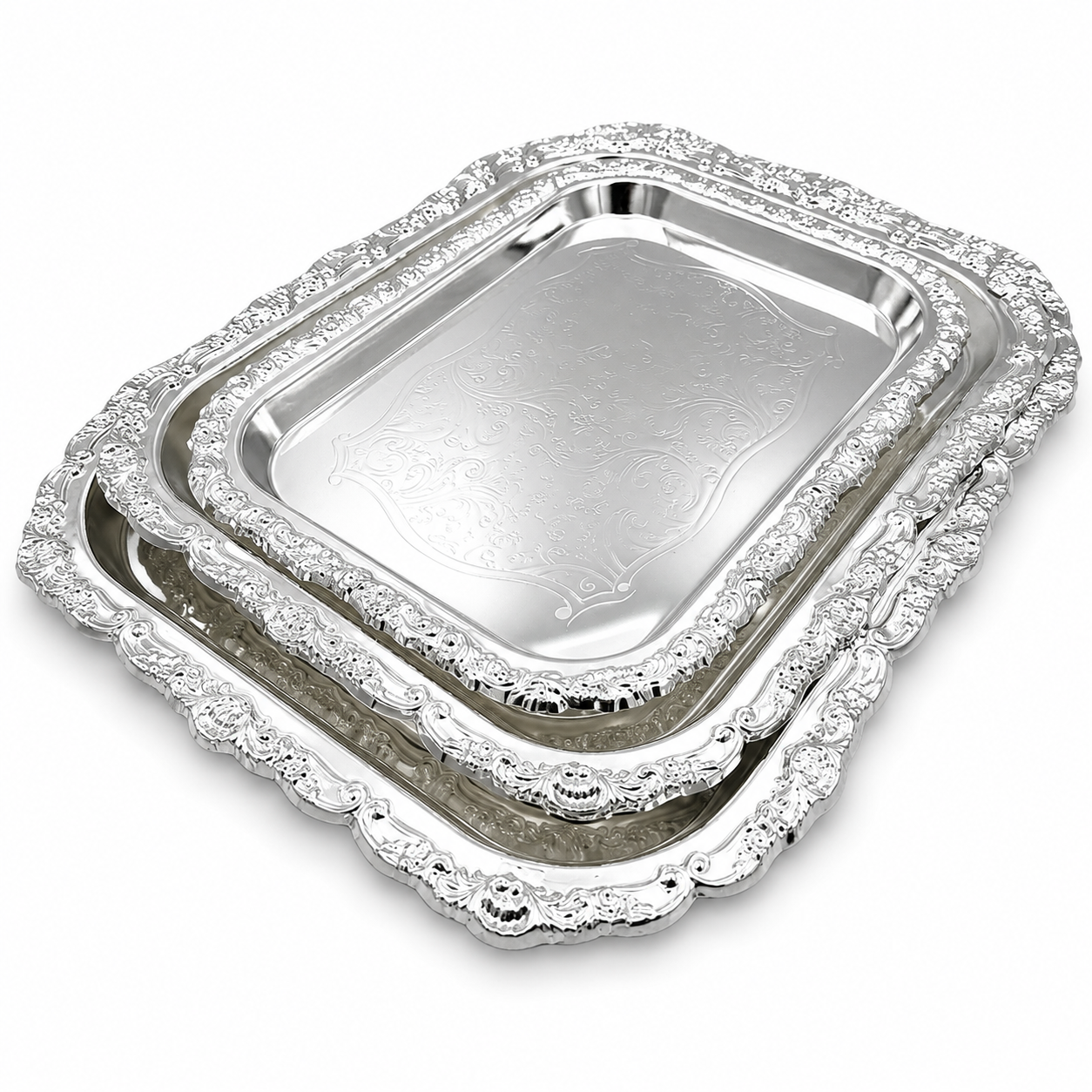 GEM+ | Premium 3-Piece Silver-Plated Vintage Tray Set – Elegant Durable Sturdy