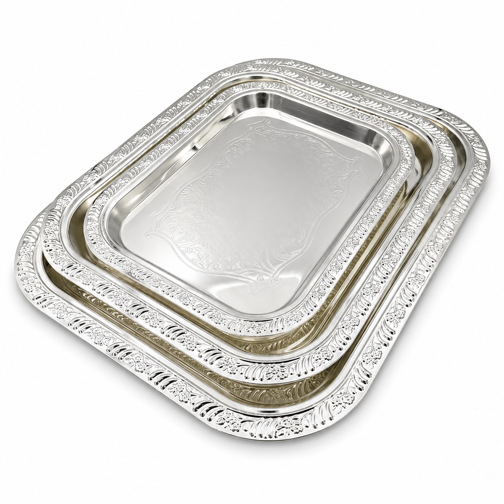 GEM+ | Premium 3-Piece Silver-Plated Vintage Tray Set – Elegant Durable Thick
