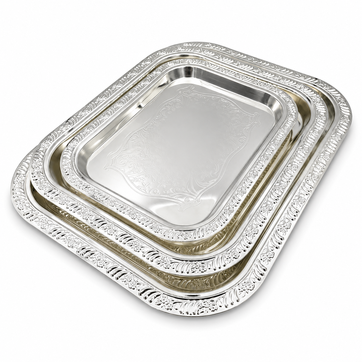 GEM+ | Premium 3-Piece Silver-Plated Vintage Tray Set – Elegant Durable Thick