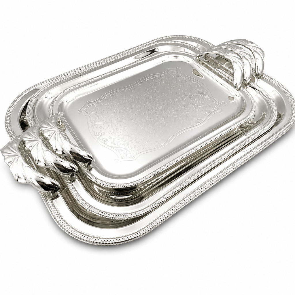 GEM+ | Premium 3-Piece Silver-Plated Vintage Tray Set – Elegant Durable Strong
