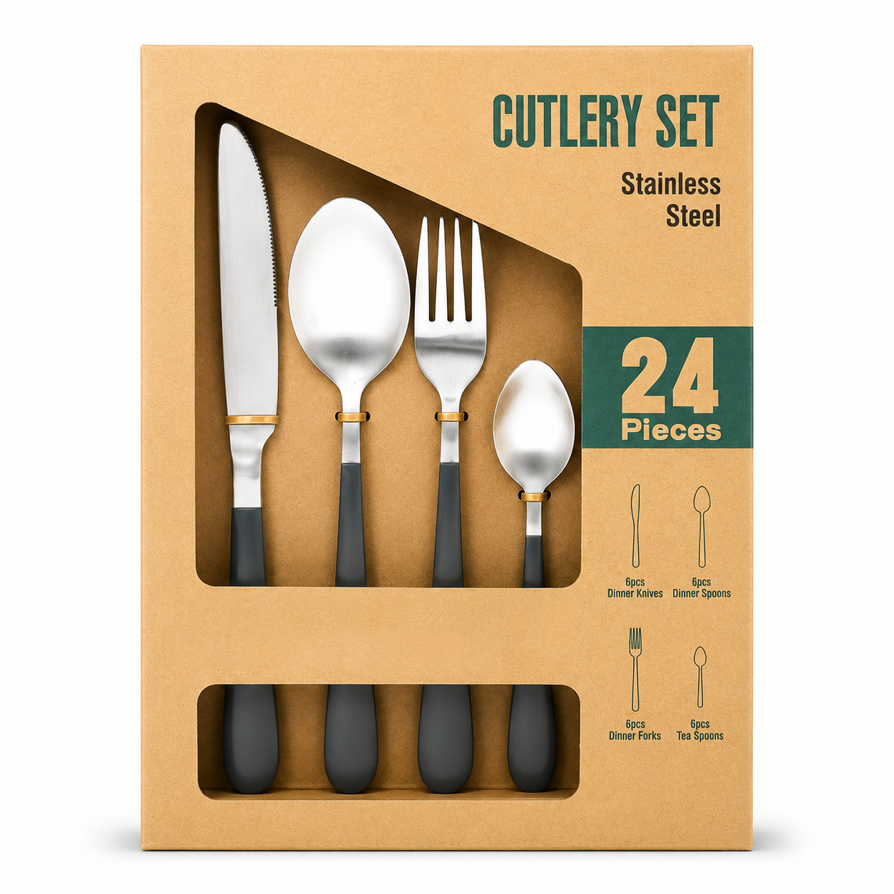 GEM+ | 24-Piece Stainless Steel Cutlery Set Dark Grey Handle Rust-Resistant