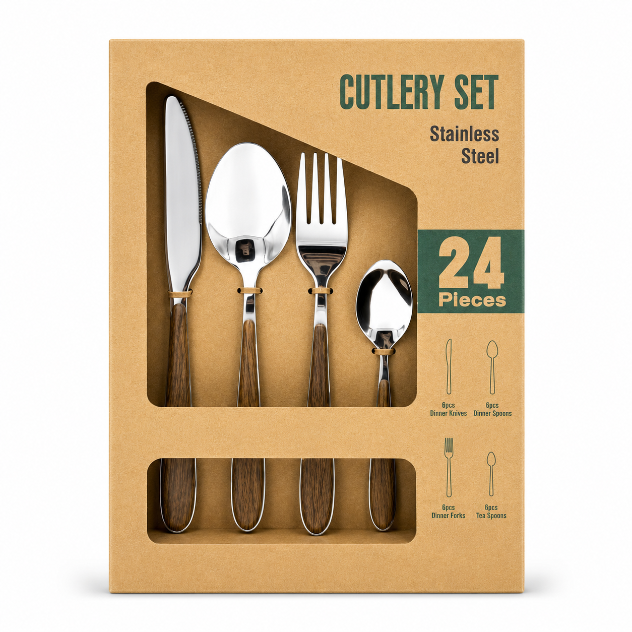GEM+ | 24-Piece Stainless Steel Cutlery Set with Wood Texture Plastic Handle