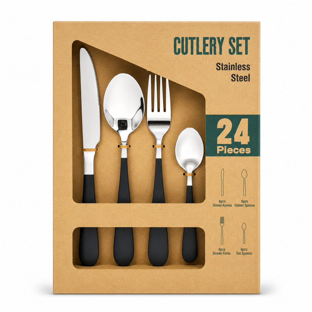 GEM+ | 24-Piece Stainless Steel Cutlery Set With Black Handle Rust-Resistant