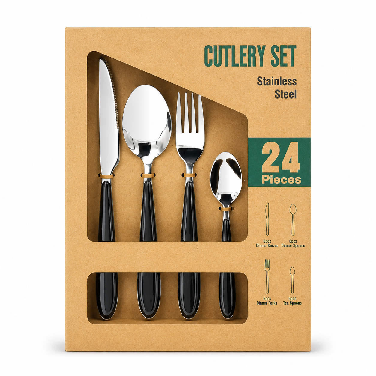 GEM+ | 24-Piece Stainless Steel Cutlery Set With Black Handle Rust-Resistant