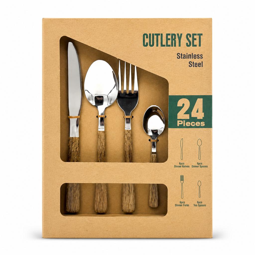 GEM+ | 24-Piece Stainless Steel Cutlery Set with Wood Texture Handle