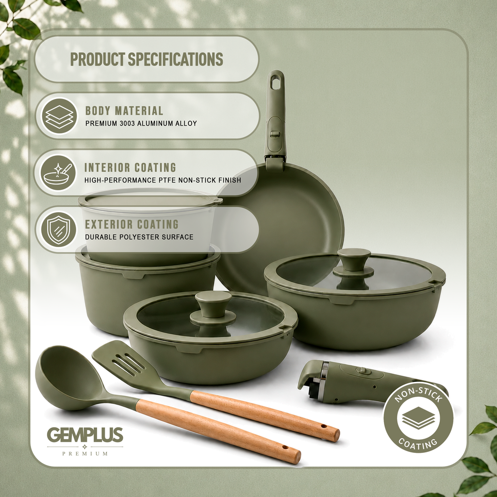 GEM+ | 17PCS Non-Stick Cookware Set Sage – Aluminium Pots & Pans Induction Compatible