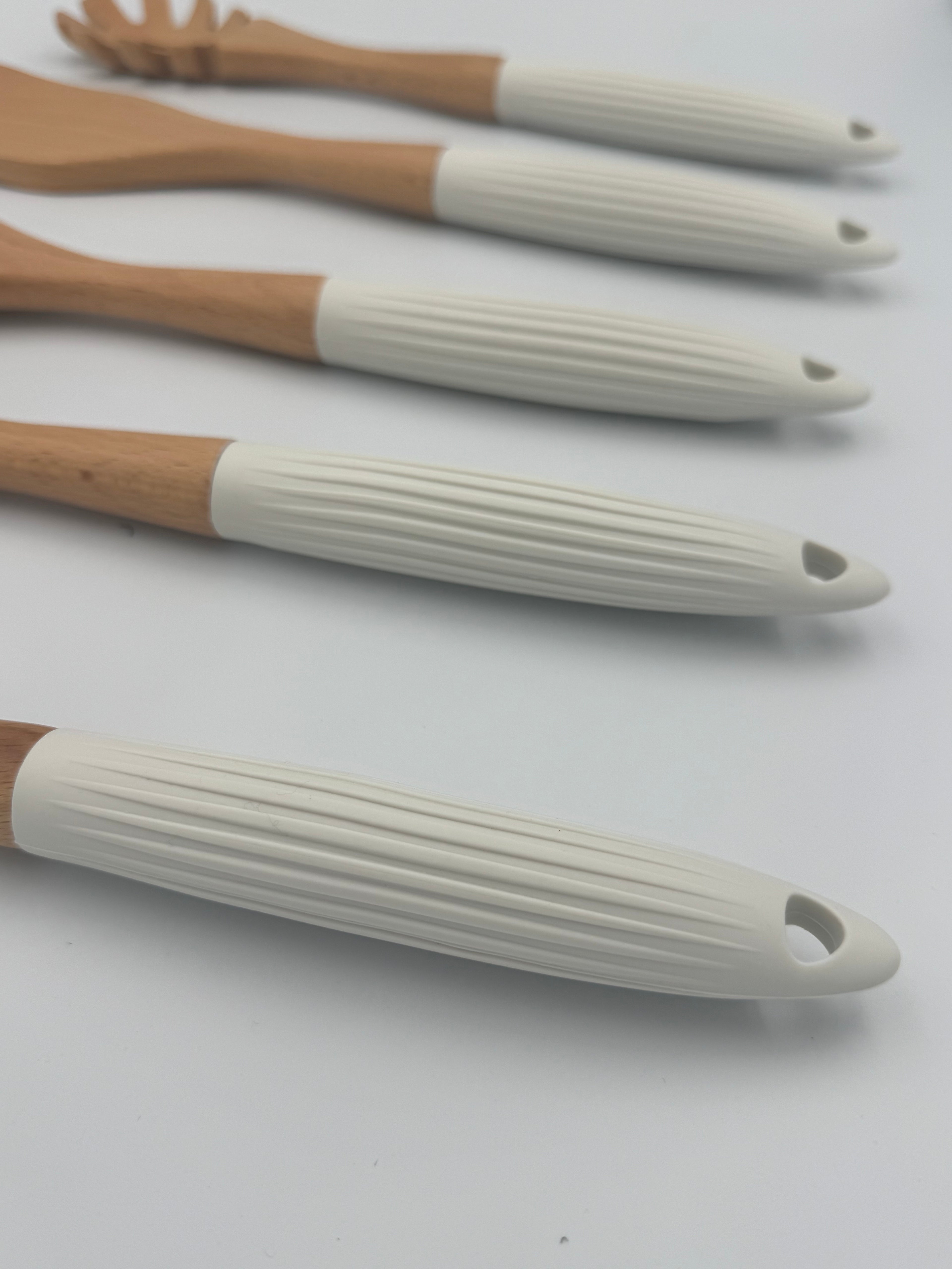 GEM+ | 5-Piece Premium Wooden & Silicone Utensil Set – Heat Resistant, White