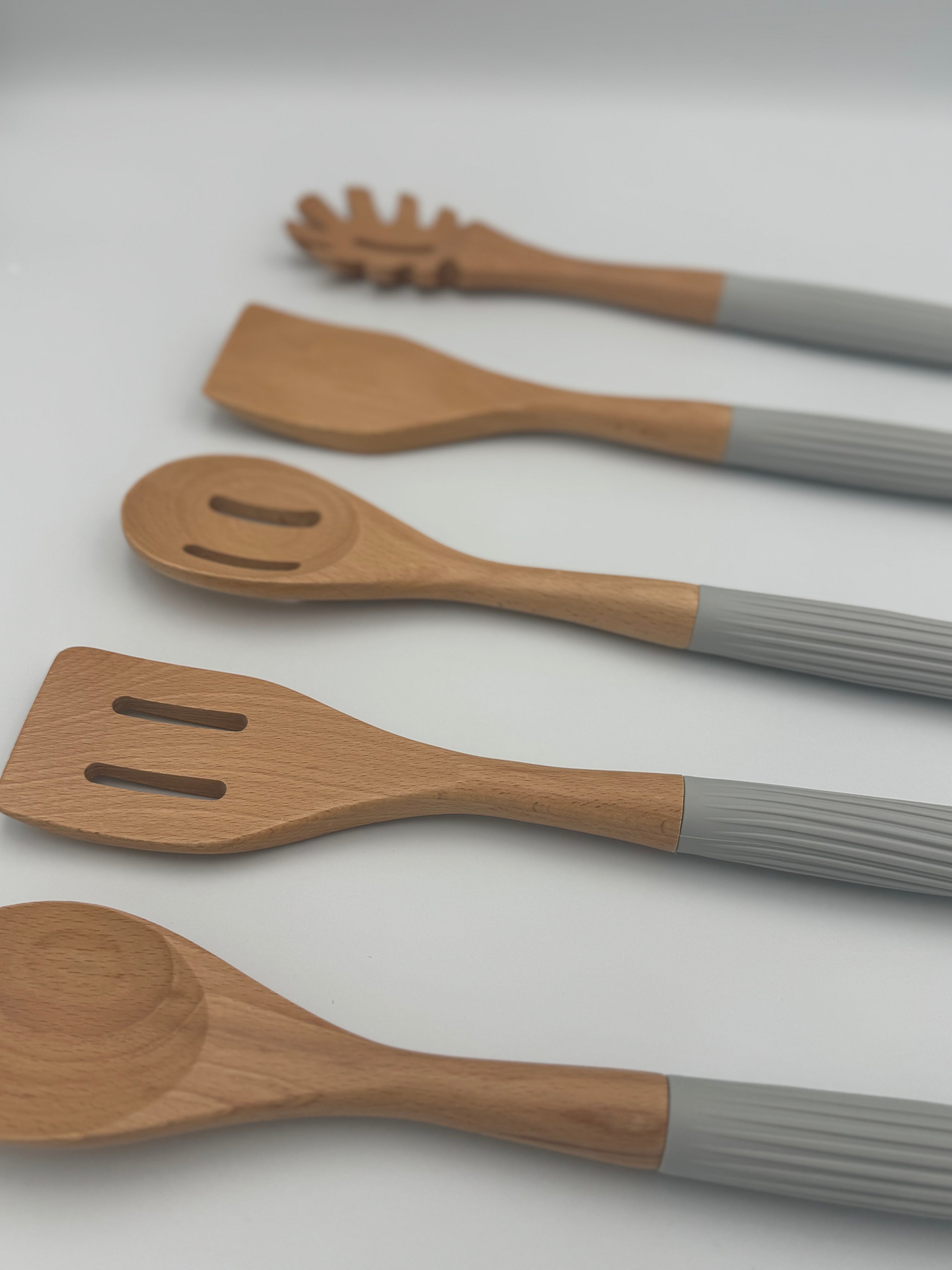 GEM+ | 5-Piece Premium Wooden & Silicone Utensil Set – Heat Resistant - Grey