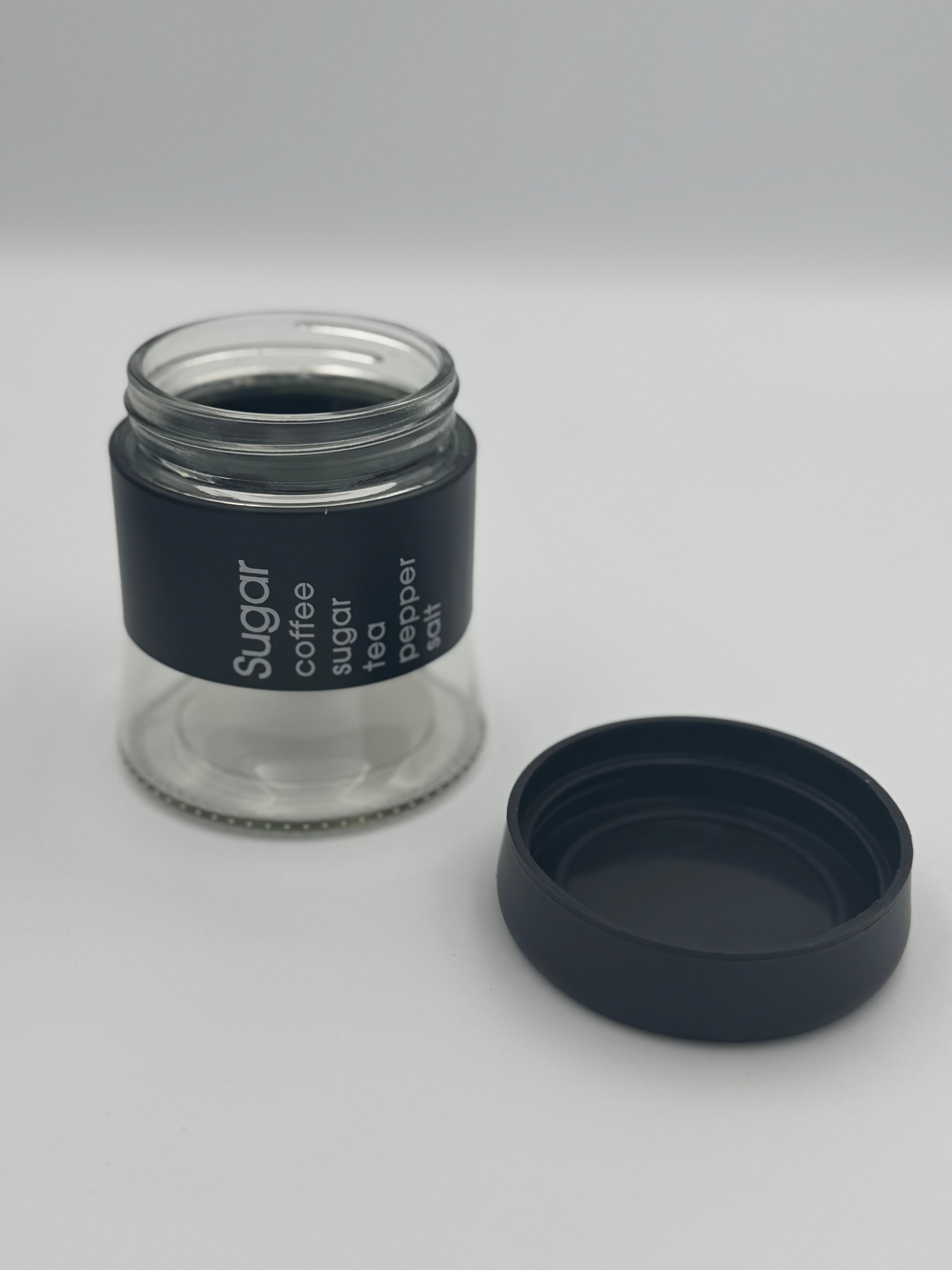 GEM+ | 5pc Glass Storage Jar Set with Black Lids – with Silver Stand