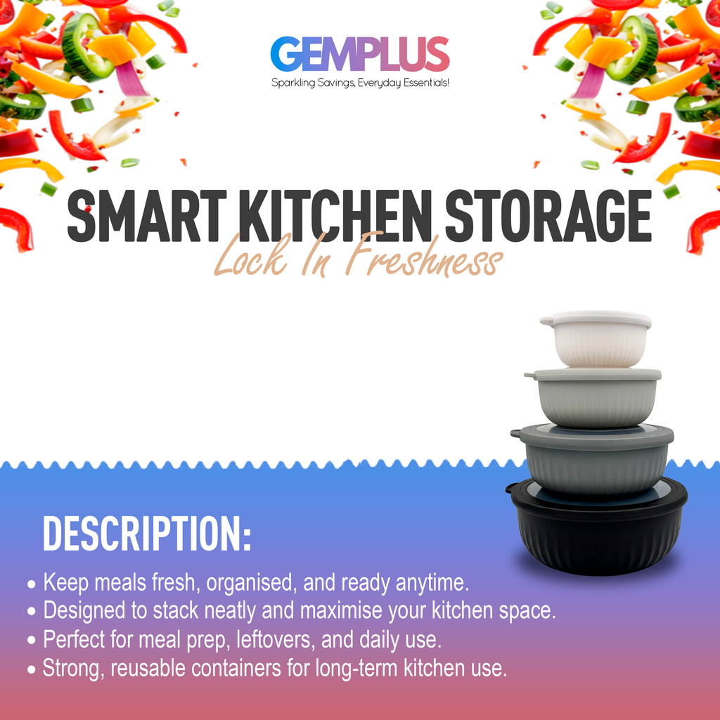 GEM+ | Food Storage Containers Set of 4 Black – Airtight Kitchen Storage Bowls with Lids