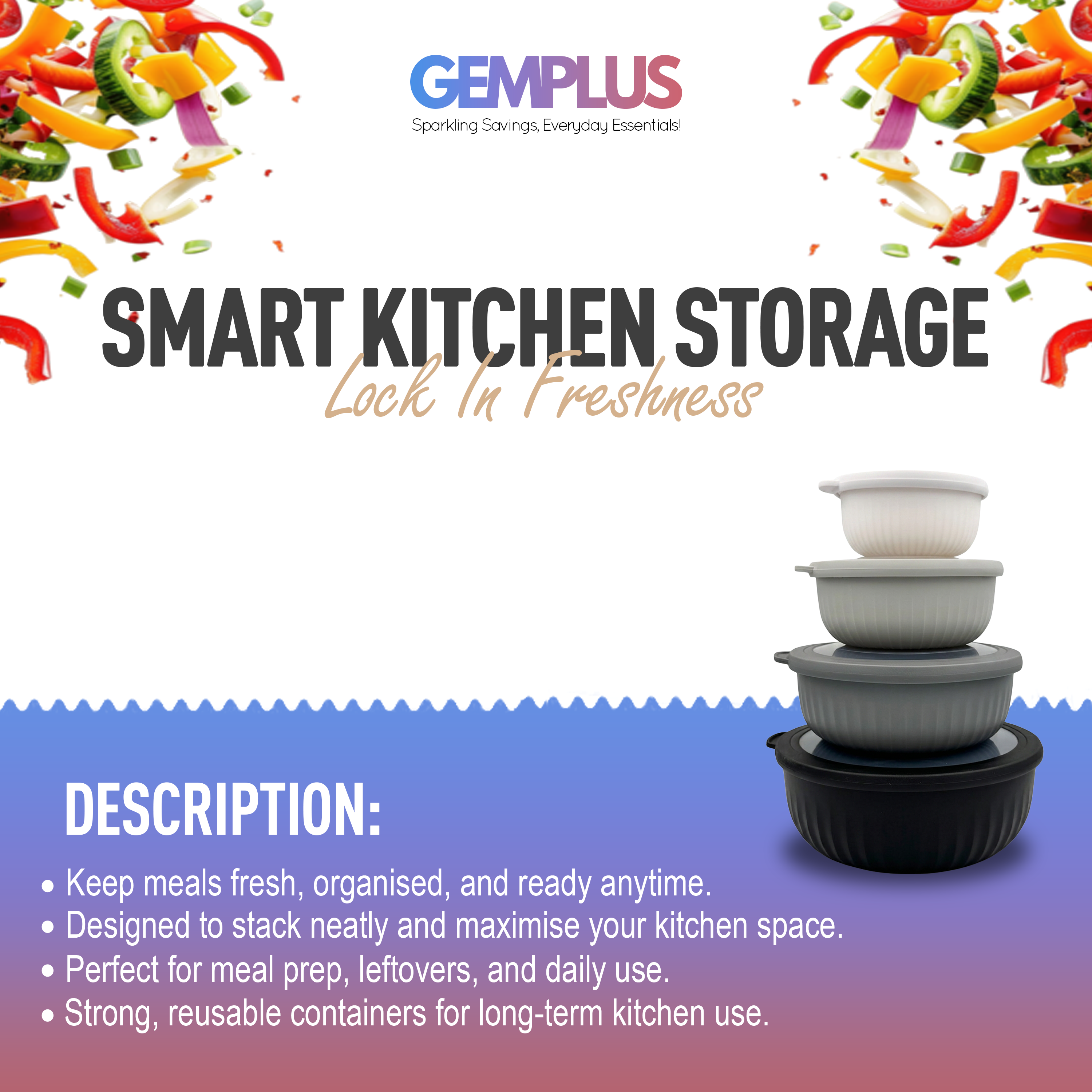 GEM+ | Food Storage Containers Set of 4 Black – Airtight Kitchen Storage Bowls with Lids
