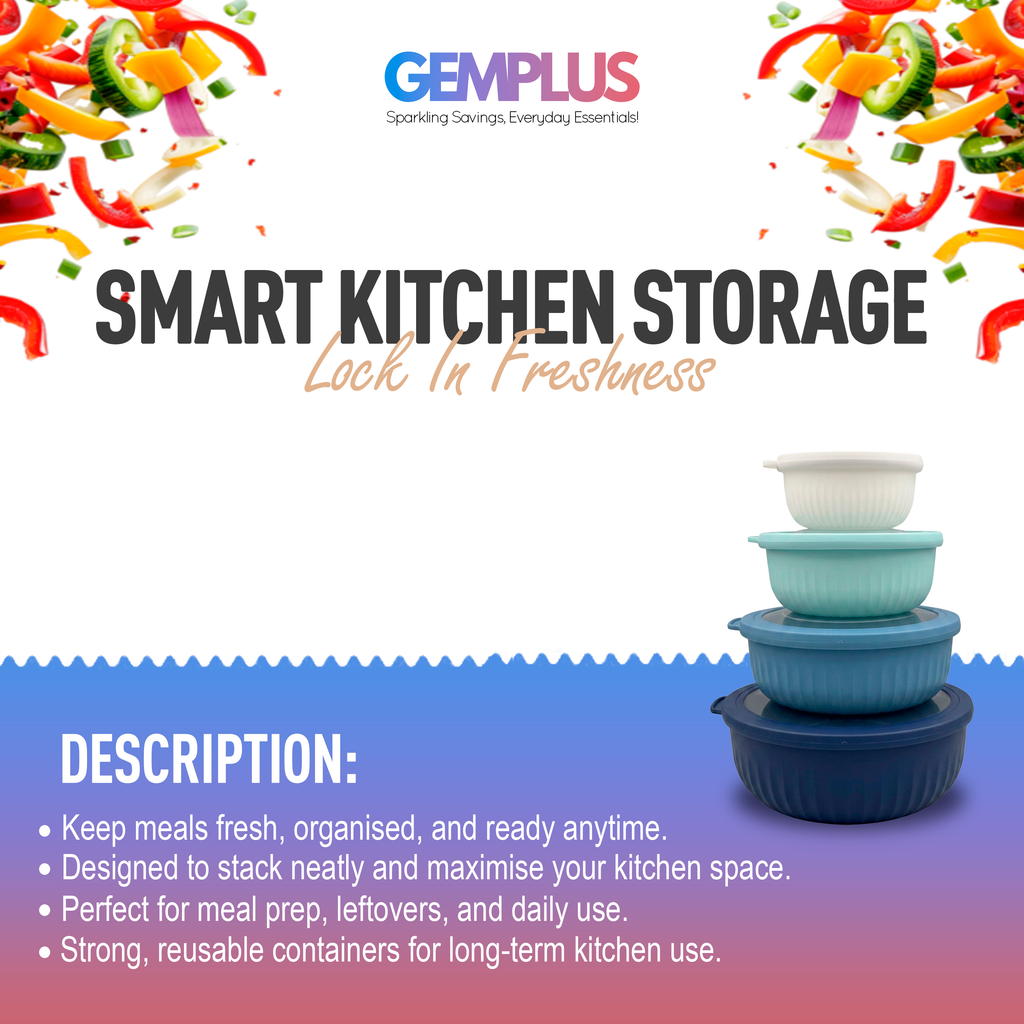 GEM+ | Food Storage Containers Set of 4 Blue – Airtight Kitchen Storage Set with Lids