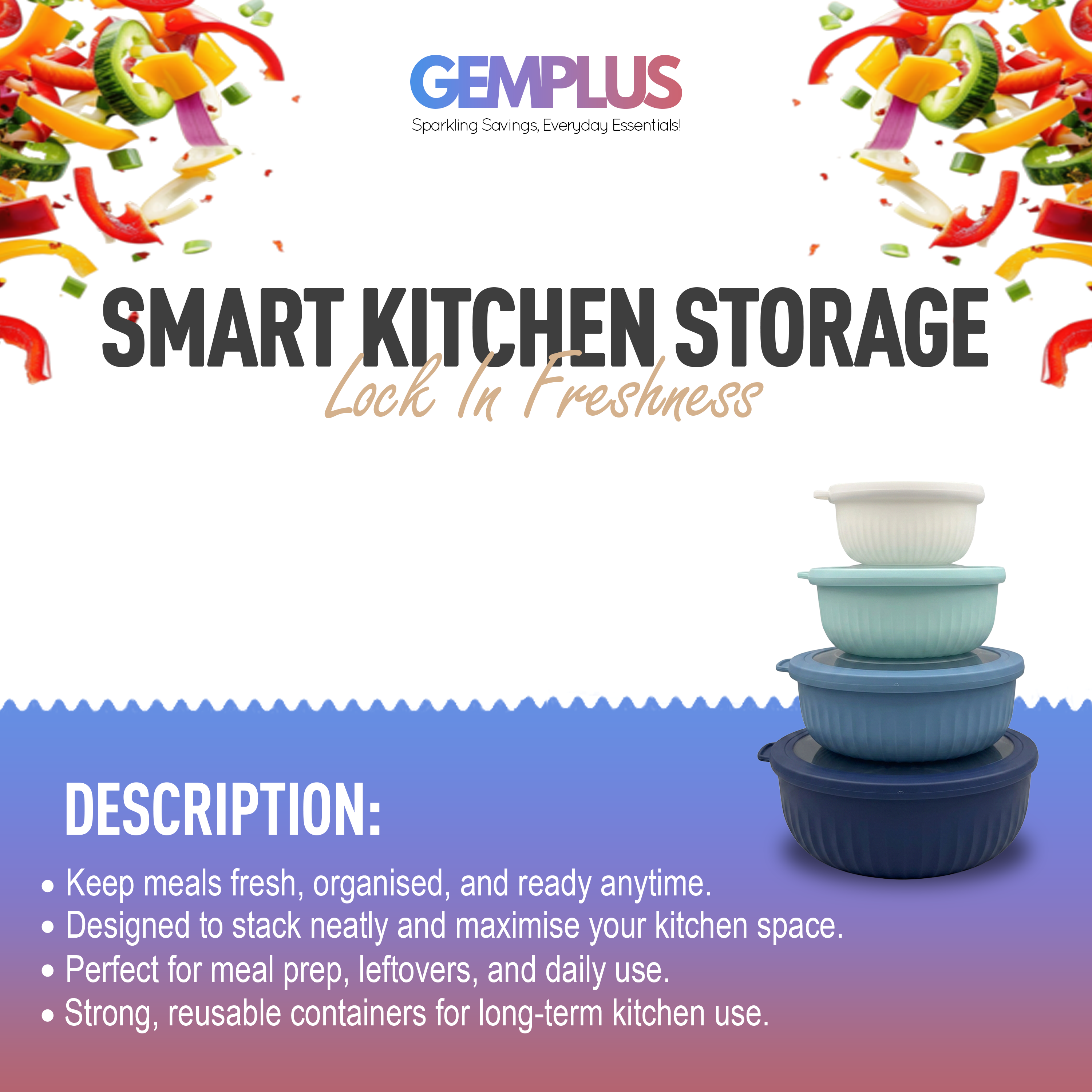 GEM+ | Food Storage Containers Set of 4 Blue – Airtight Kitchen Storage Set with Lids