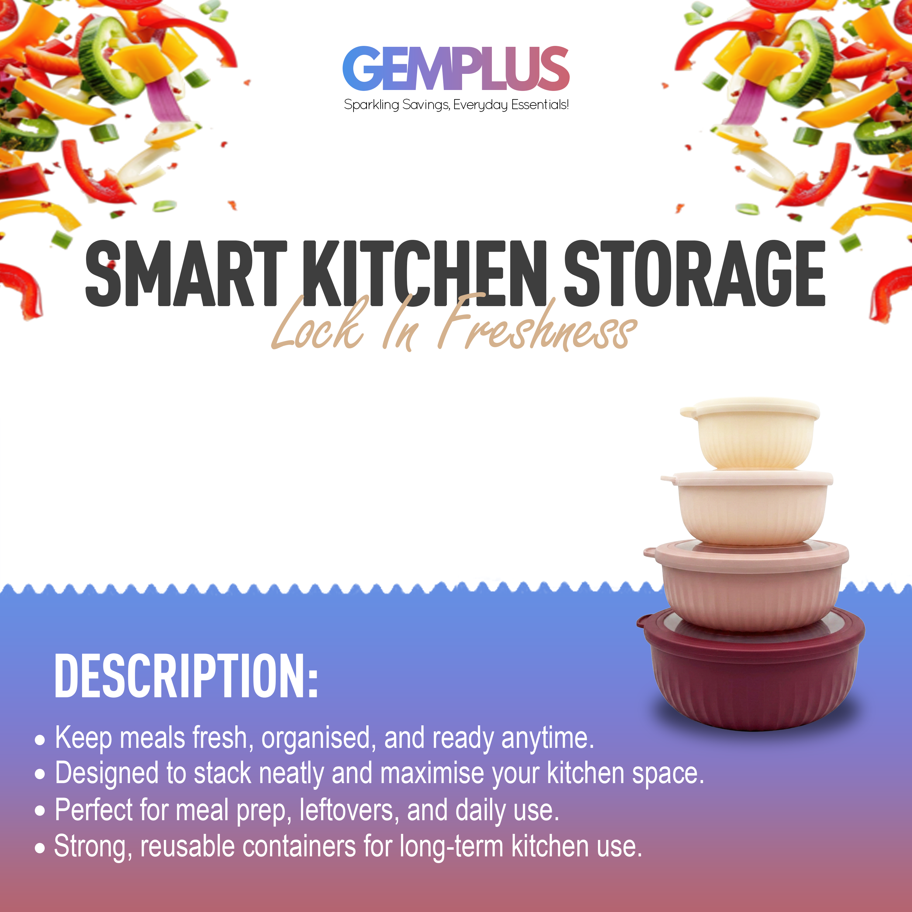 GEM+ | Food Storage Containers Set of 4 Pink – Airtight Meal Prep Bowls with Lids