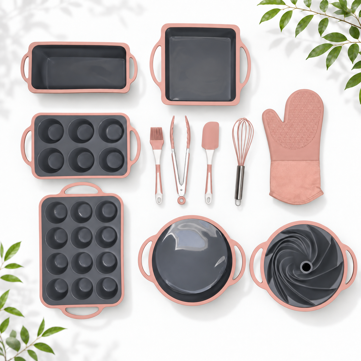 11-Piece Silicone Baking Set, Grey/Pink