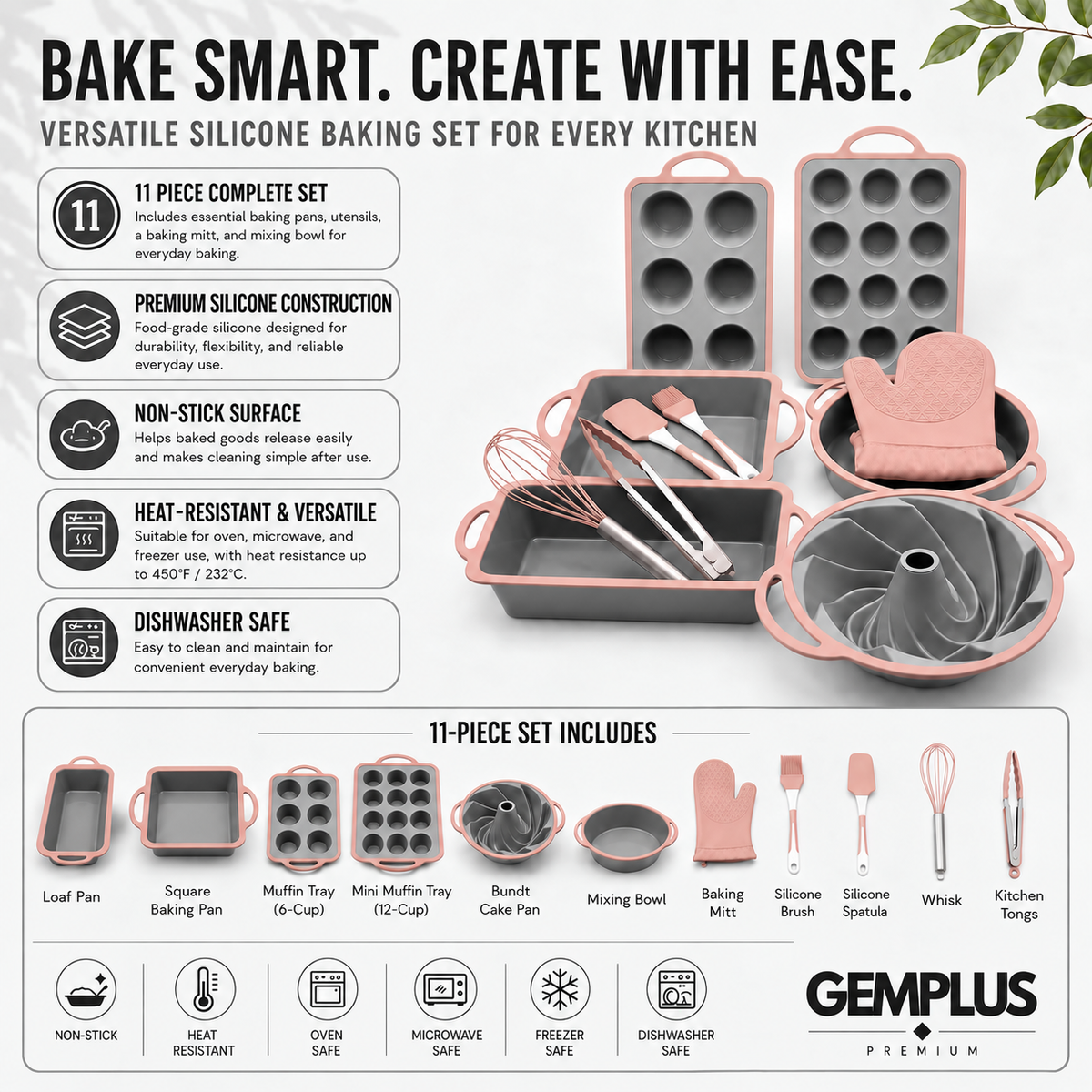 11-Piece Silicone Baking Set, Grey/Pink