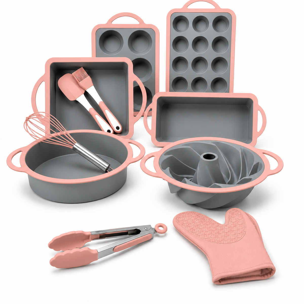 11-Piece Silicone Baking Set, Grey/Pink
