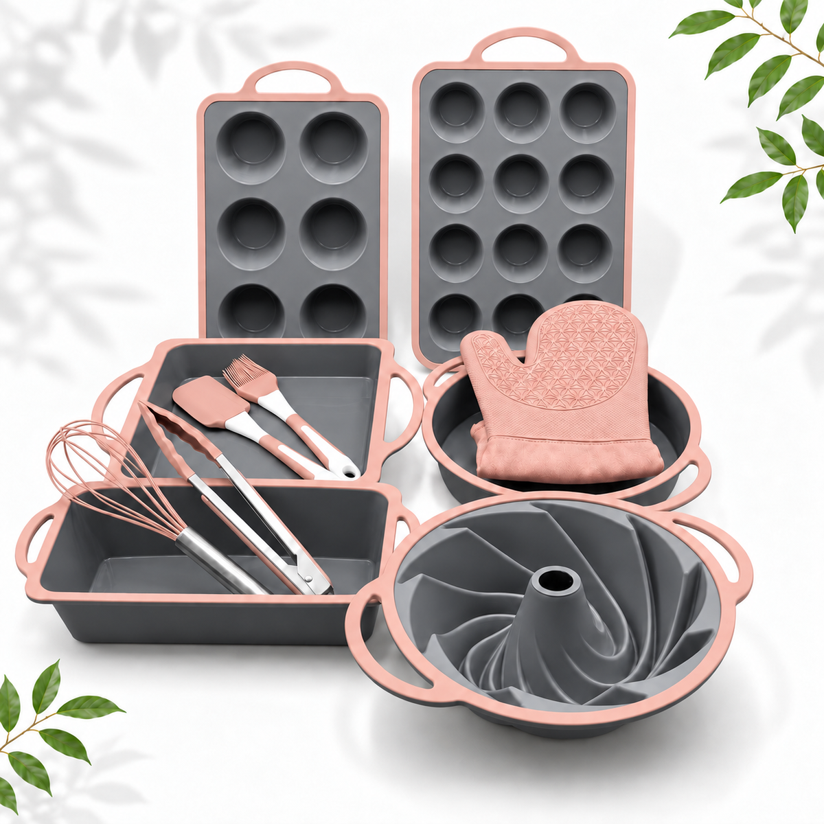 11-Piece Silicone Baking Set, Grey/Pink