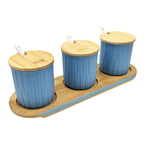 GEM+ | Ceramic Storage Jars Set of 3 Blue – Kitchen Canisters with Bamboo Lids, Spoons & Tray