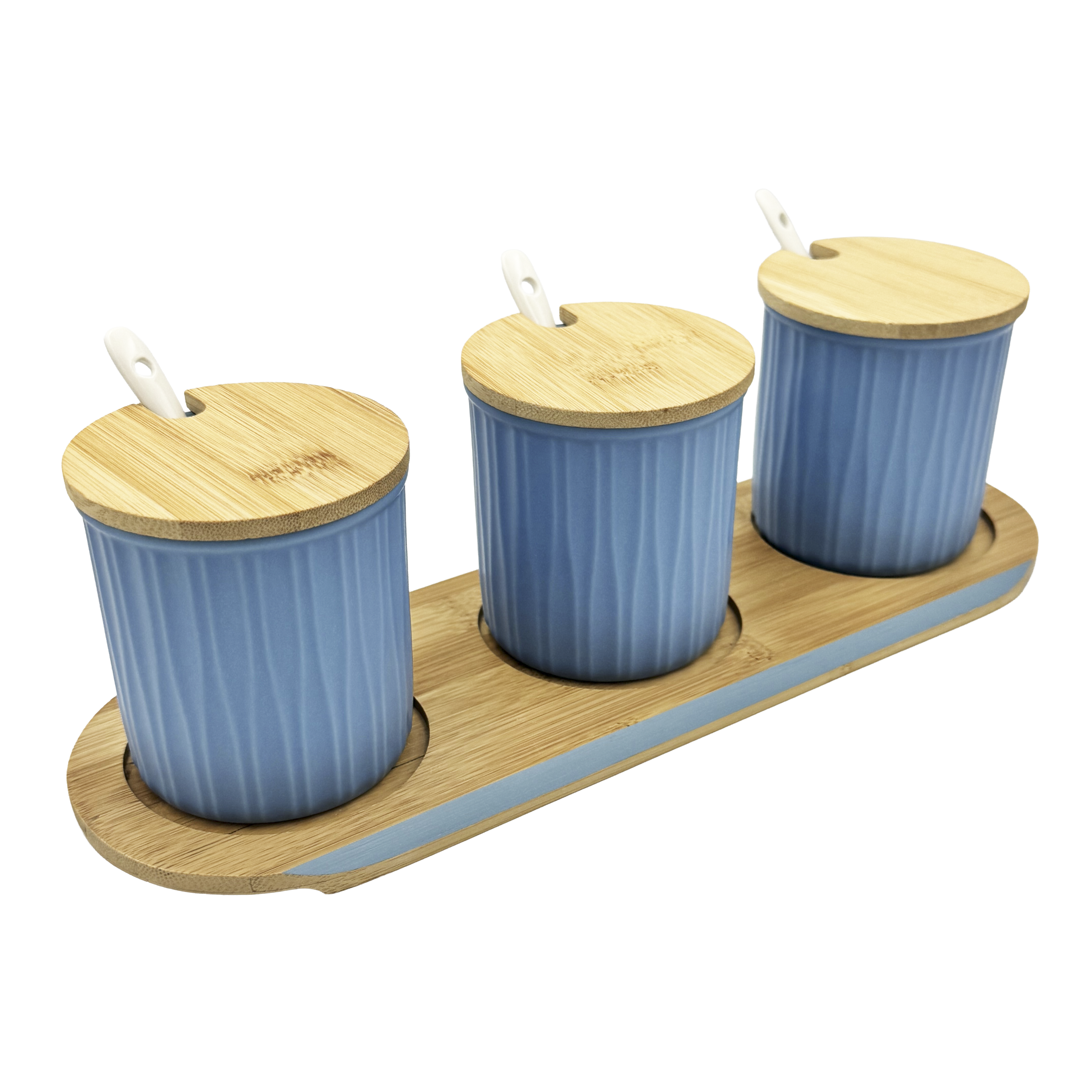 GEM+ | Ceramic Storage Jars Set of 3 Blue – Kitchen Canisters with Bamboo Lids, Spoons & Tray