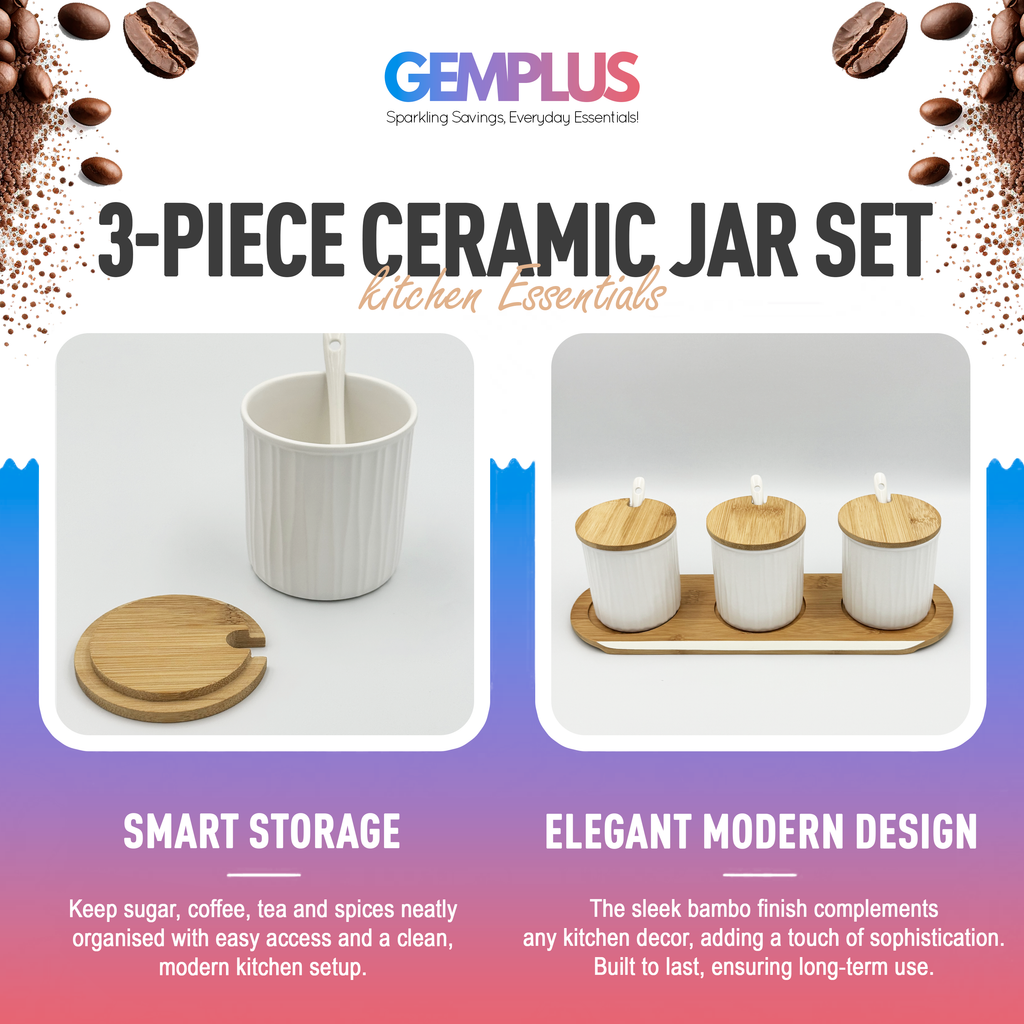 GEM+ | Ceramic Storage Jars Set of 3 White – Kitchen Canisters with Bamboo Lids, Spoons & Tray