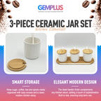 GEM+ | Ceramic Storage Jars Set of 3 White – Kitchen Canisters with Bamboo Lids, Spoons & Tray