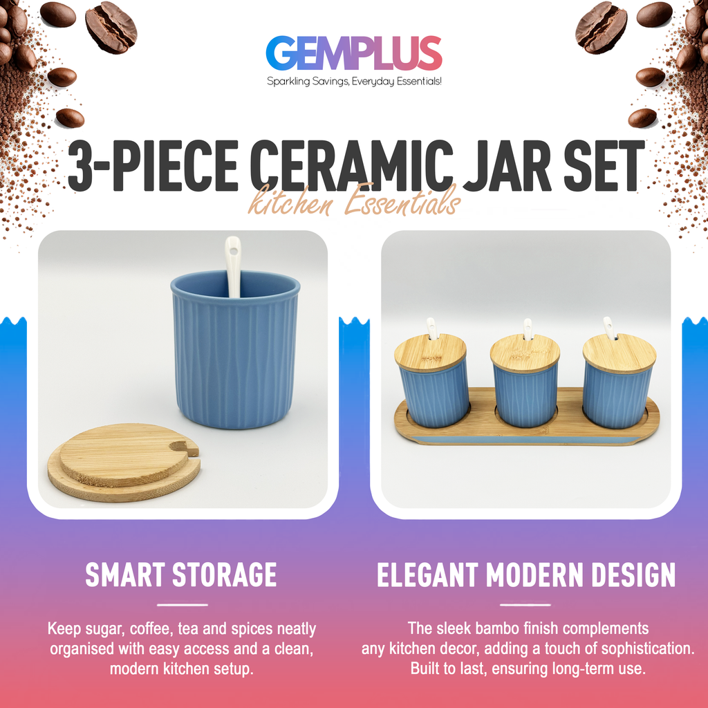 GEM+ | Ceramic Storage Jars Set of 3 Blue – Kitchen Canisters with Bamboo Lids, Spoons & Tray