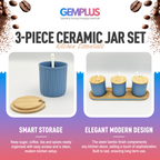 GEM+ | Ceramic Storage Jars Set of 3 Blue – Kitchen Canisters with Bamboo Lids, Spoons & Tray