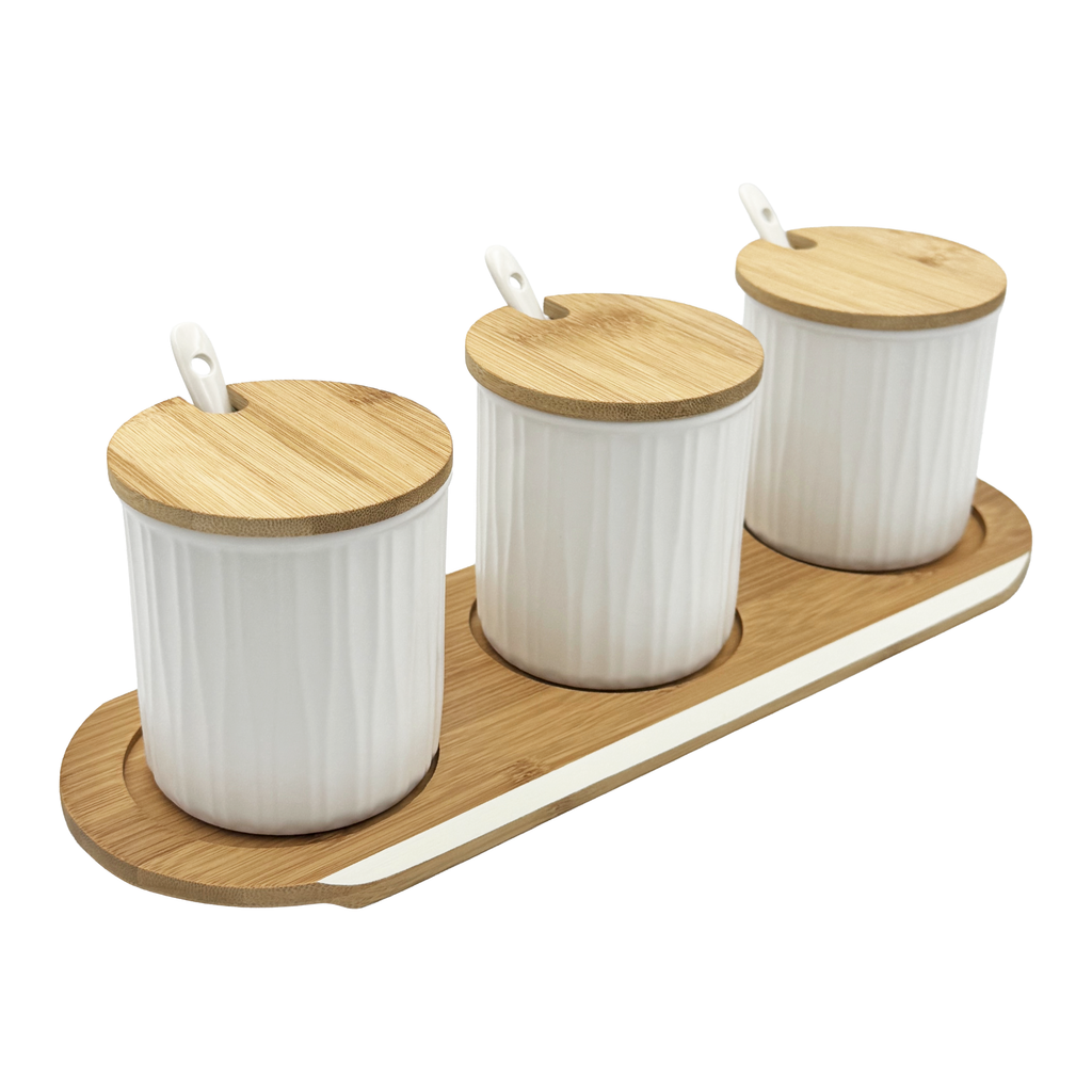 GEM+ | Ceramic Storage Jars Set of 3 White – Kitchen Canisters with Bamboo Lids, Spoons & Tray