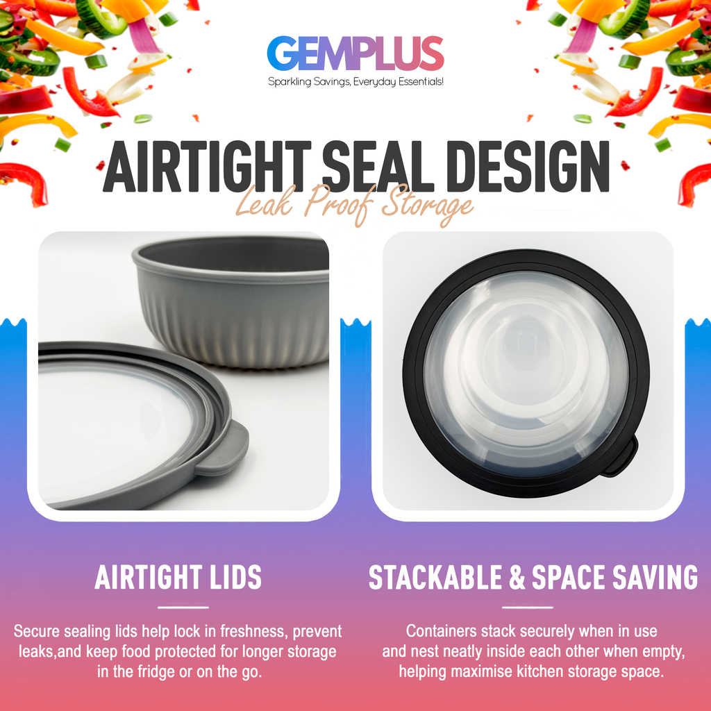 GEM+ | Food Storage Containers Set of 4 Black – Airtight Kitchen Storage Bowls with Lids