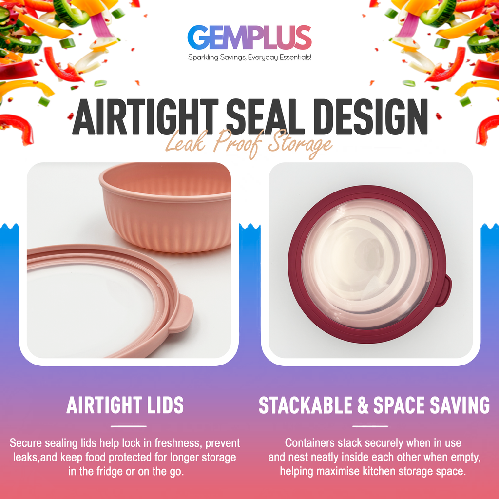 GEM+ | Food Storage Containers Set of 4 Pink – Airtight Meal Prep Bowls with Lids