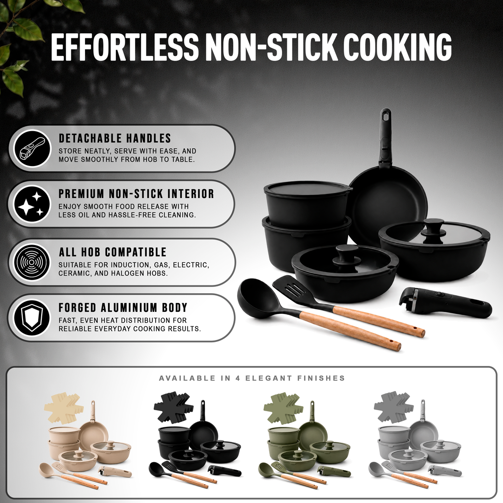 GEM+ | 17PCS Non-Stick Cookware Set Black – Induction & Gas Compatible Aluminium Pots & Pans