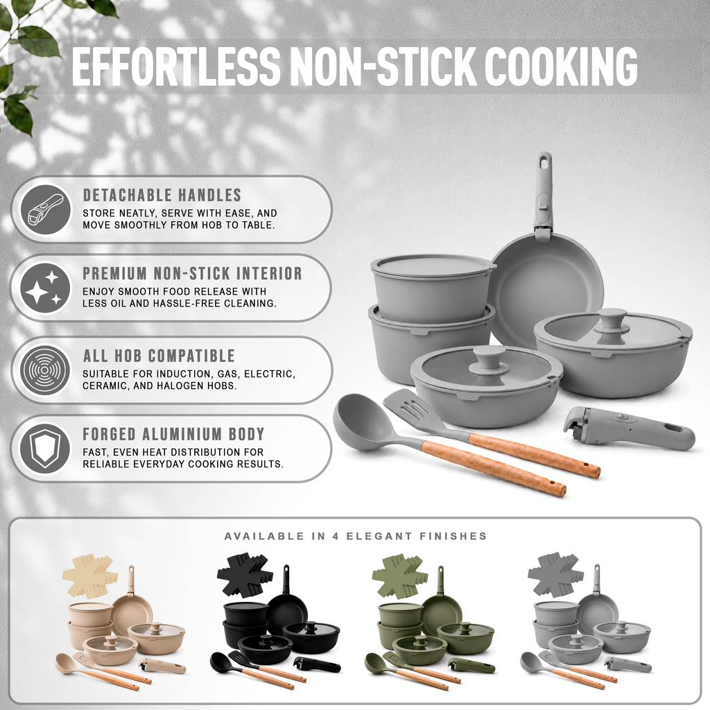 GEM+ | 17PCS Non-Stick Cookware Set Grey – Induction Ready Aluminium Pots & Pans