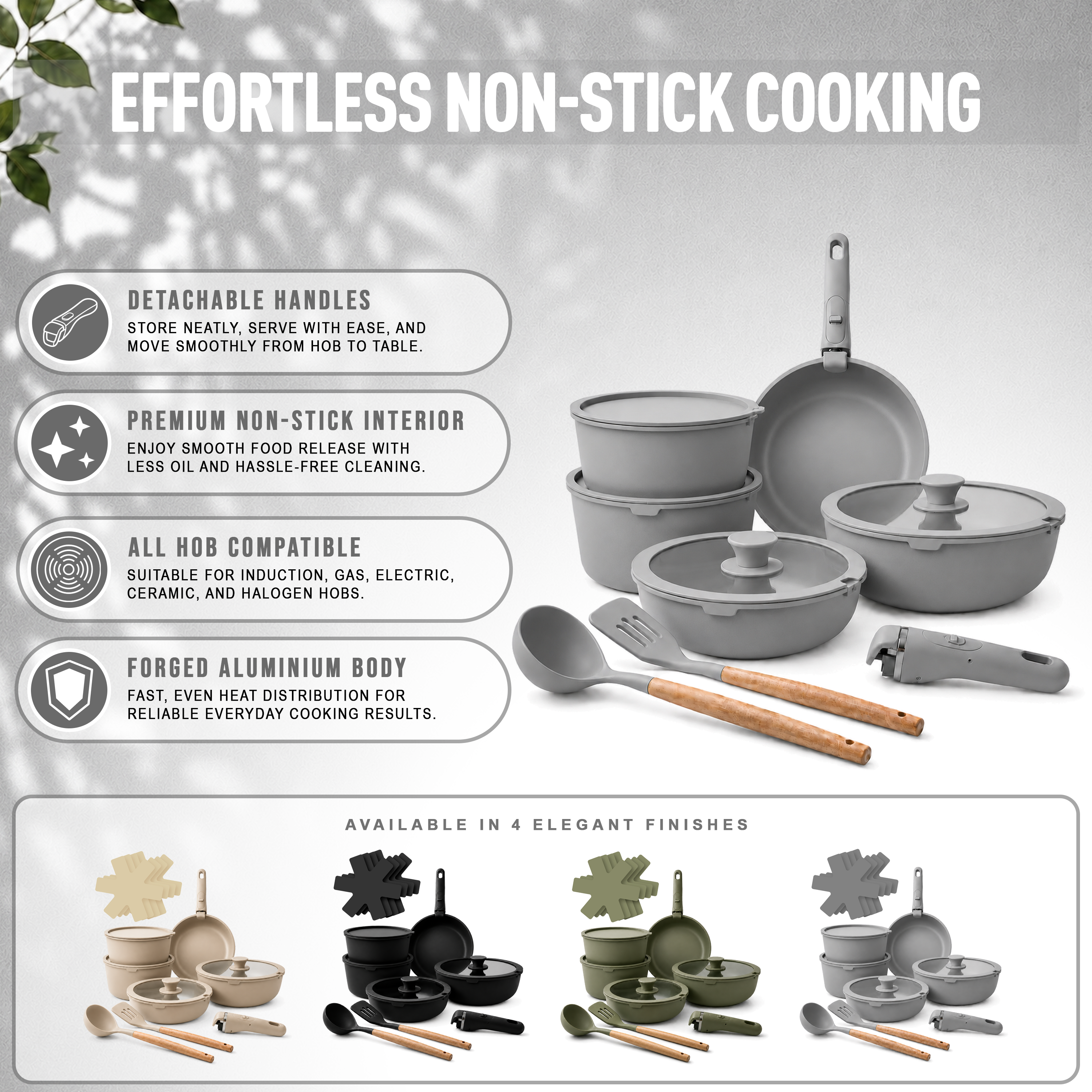 GEM+ | 17PCS Non-Stick Cookware Set Grey – Induction Ready Aluminium Pots & Pans