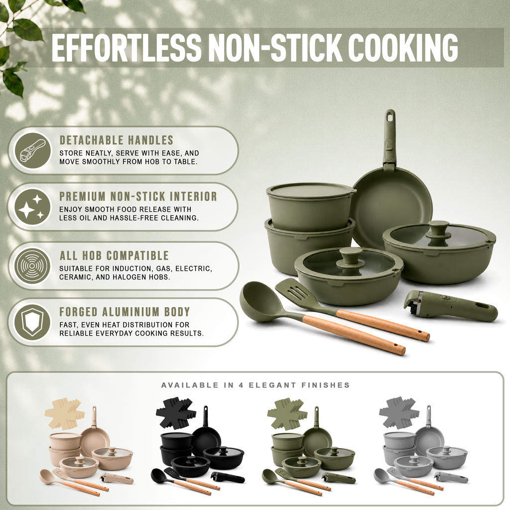 GEM+ | 17PCS Non-Stick Cookware Set Sage – Aluminium Pots & Pans Induction Compatible