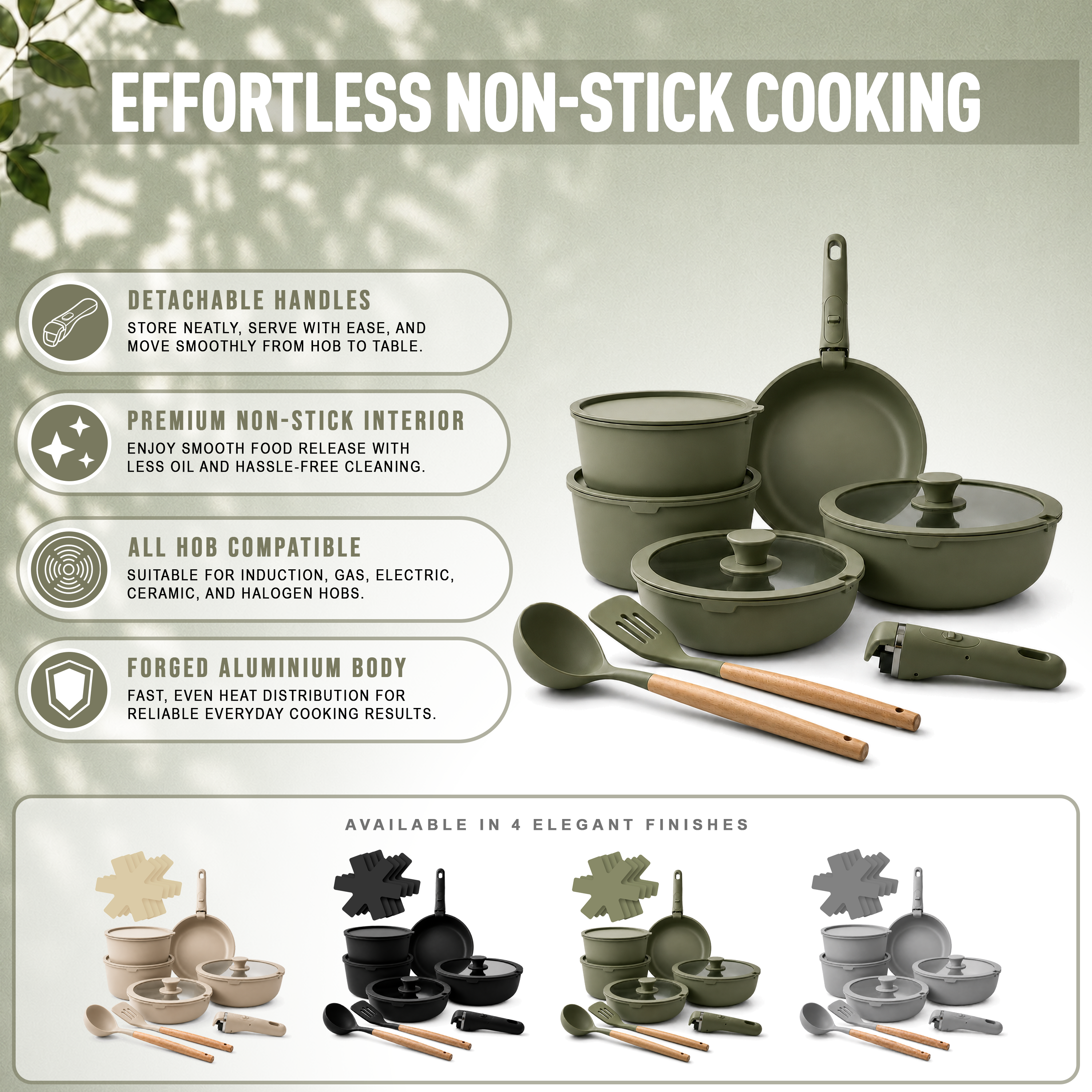 GEM+ | 17PCS Non-Stick Cookware Set Sage – Aluminium Pots & Pans Induction Compatible