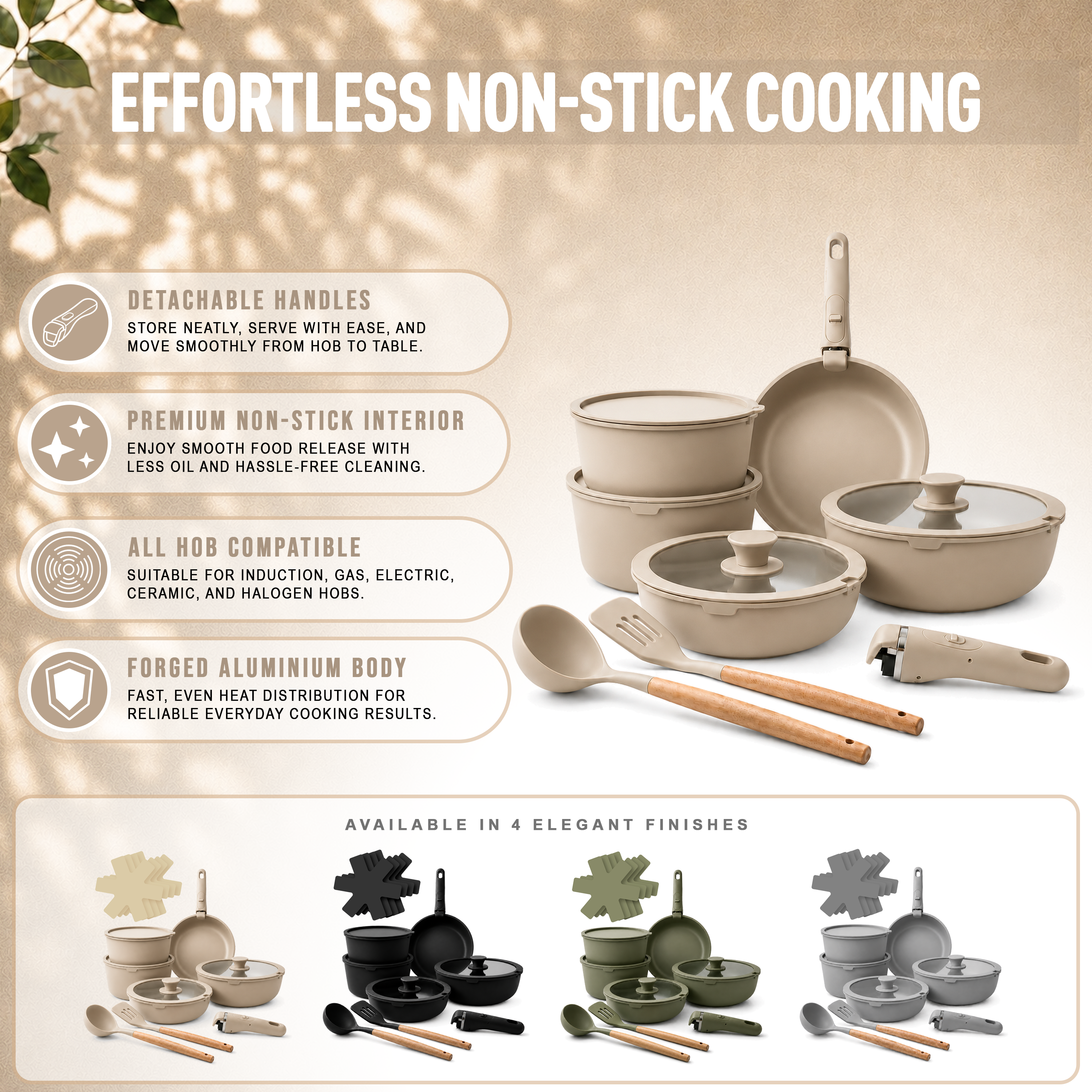 GEM+ | 17PCS Non-Stick Cookware Set Cream – Aluminium Induction Compatible Pots & Pans