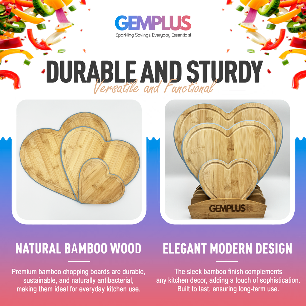 GEM+ | Heart Shaped Bamboo Chopping Boards Set of 3 Blue Trim with Stand – Wooden Kitchen Boards