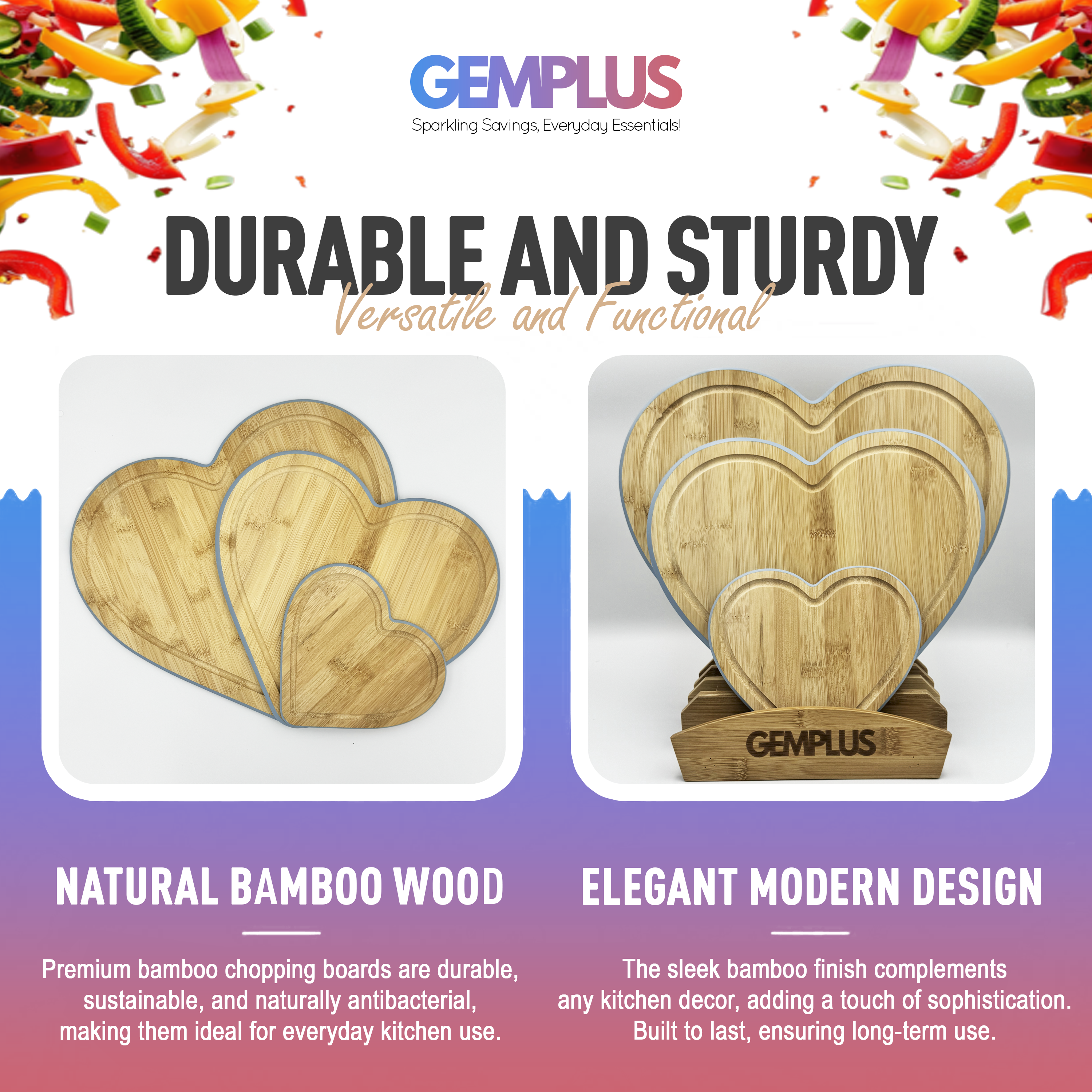 GEM+ | Heart Shaped Bamboo Chopping Boards Set of 3 Blue Trim with Stand – Wooden Kitchen Boards