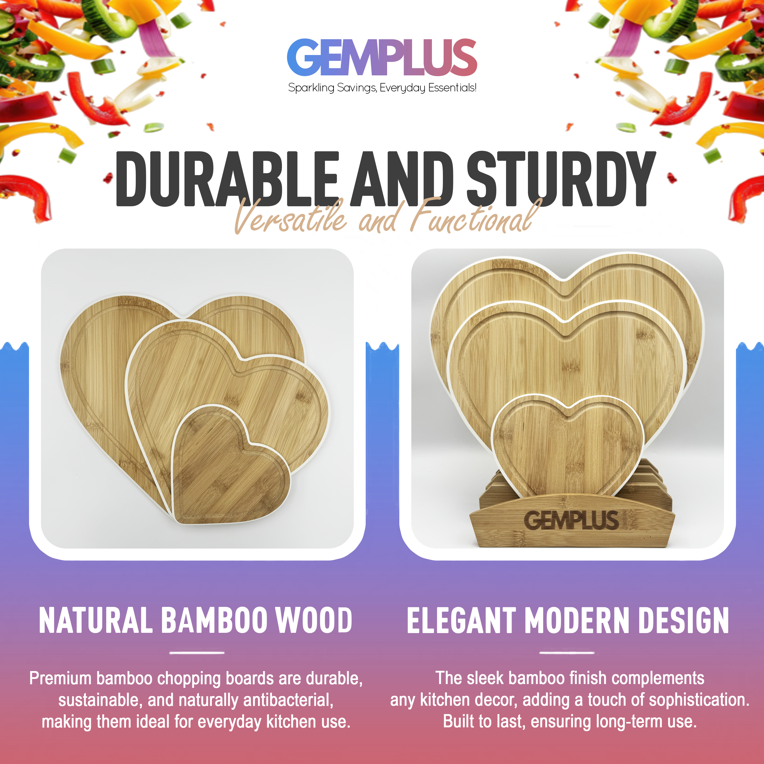 GEM+ | Heart Shaped Bamboo Chopping Boards Set of 3 White Trim with Stand – Wooden Cutting Boards Set