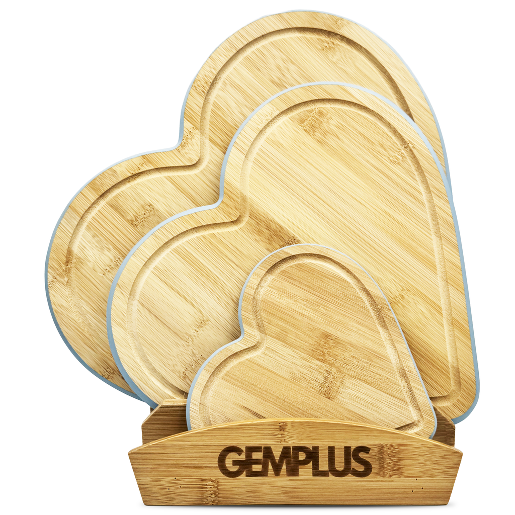 GEM+ | Heart Shaped Bamboo Chopping Boards Set of 3 Blue Trim with Stand – Wooden Kitchen Boards