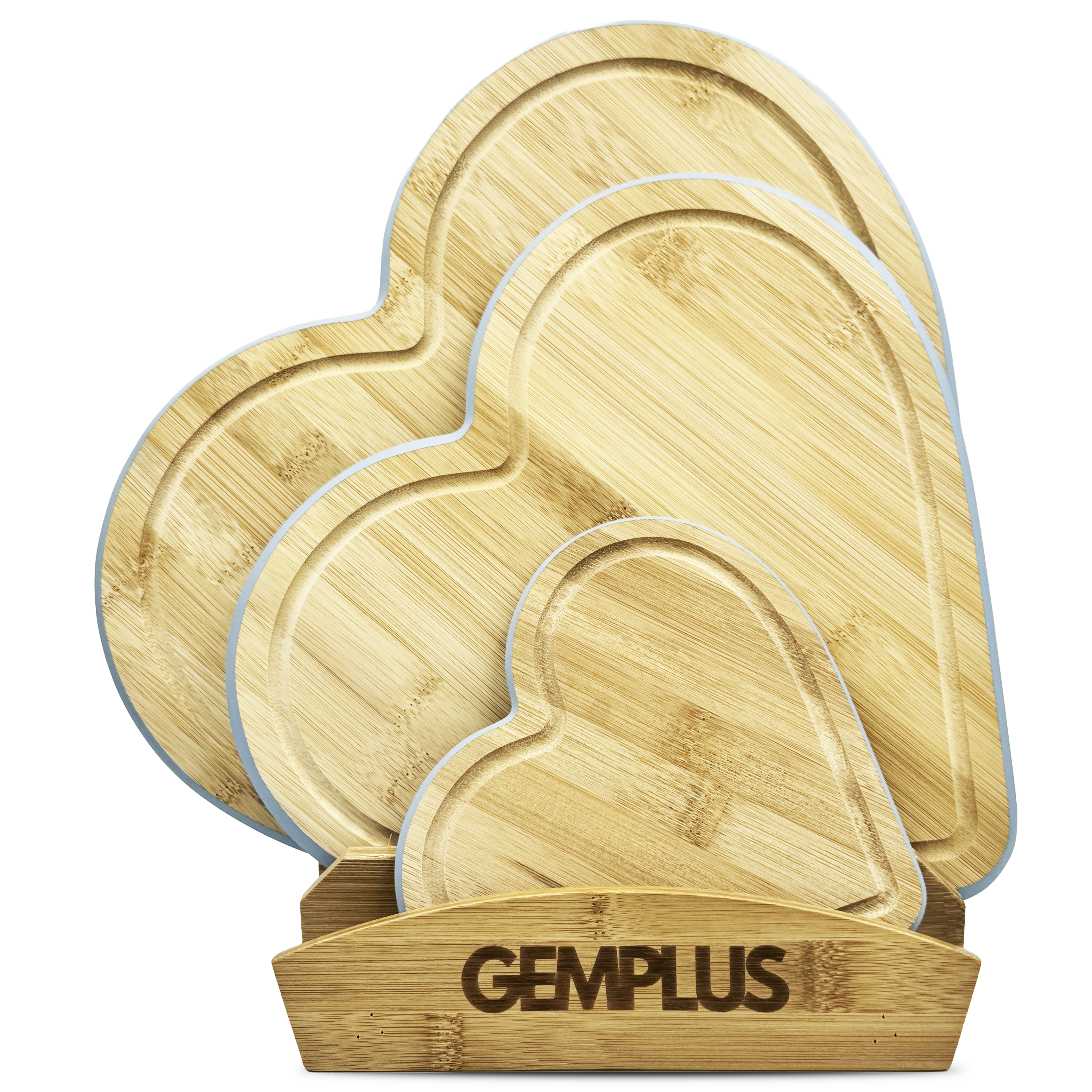 GEM+ | Heart Shaped Bamboo Chopping Boards Set of 3 Blue Trim with Stand – Wooden Kitchen Boards