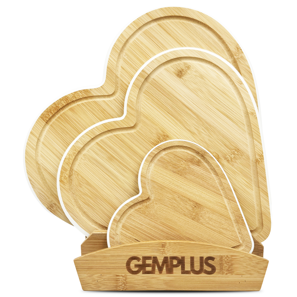 GEM+ | Heart Shaped Bamboo Chopping Boards Set of 3 White Trim with Stand – Wooden Cutting Boards Set