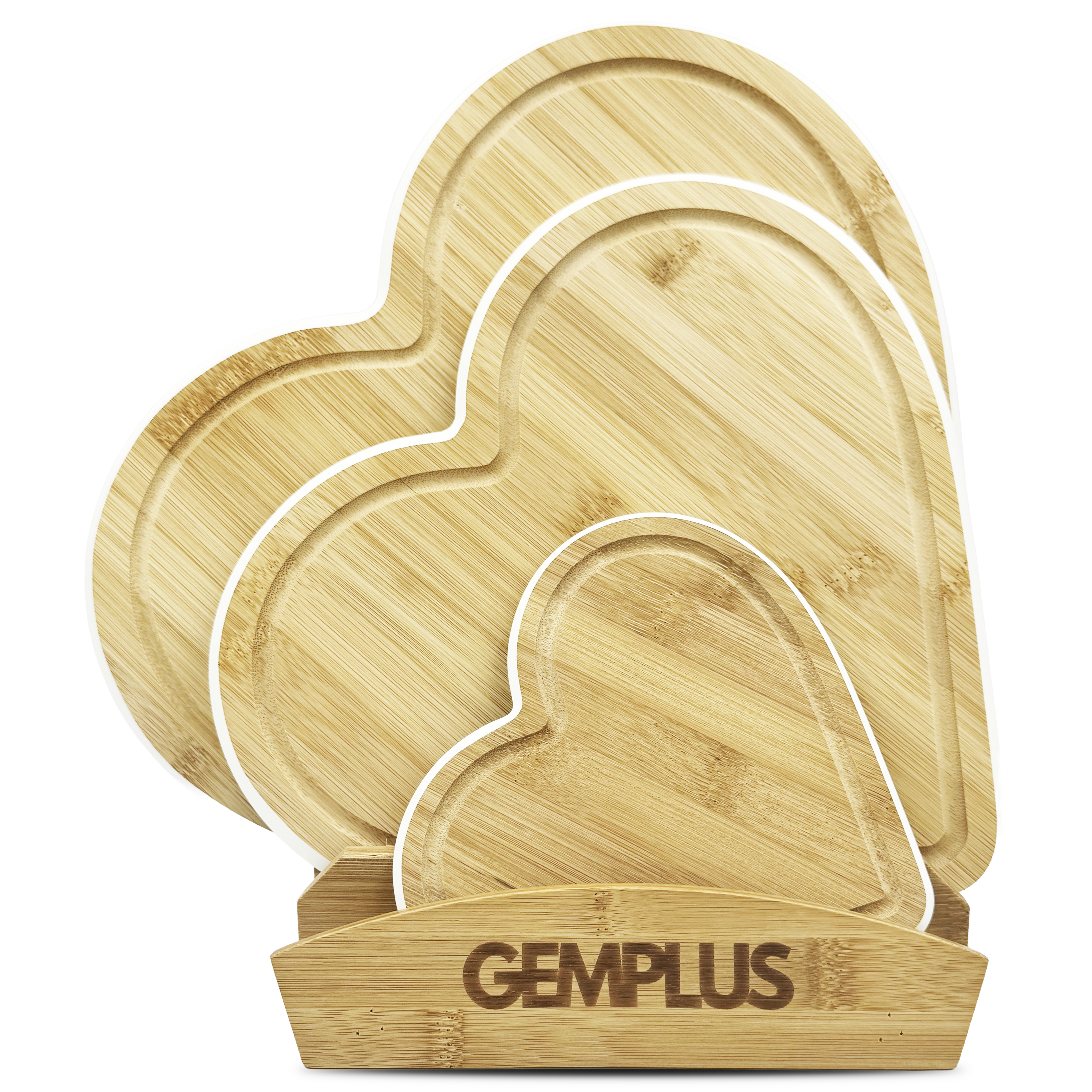 GEM+ | Heart Shaped Bamboo Chopping Boards Set of 3 White Trim with Stand – Wooden Cutting Boards Set