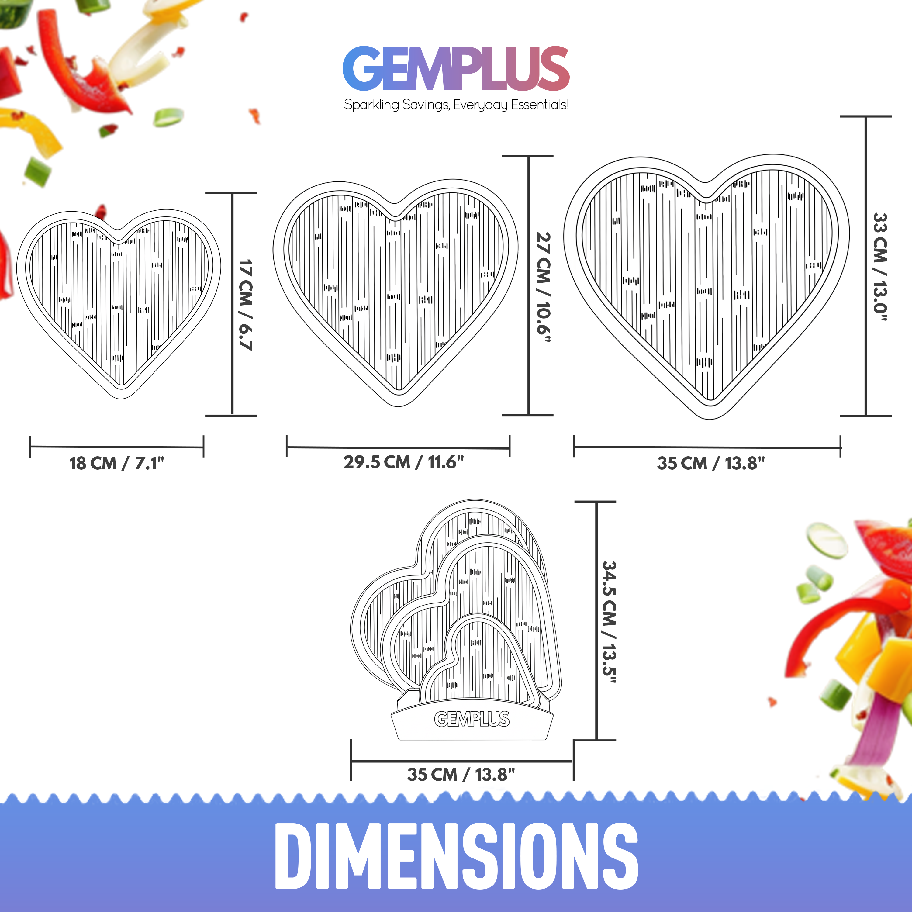 GEM+ | Heart Shaped Bamboo Chopping Boards Set of 3 Blue Trim with Stand – Wooden Kitchen Boards