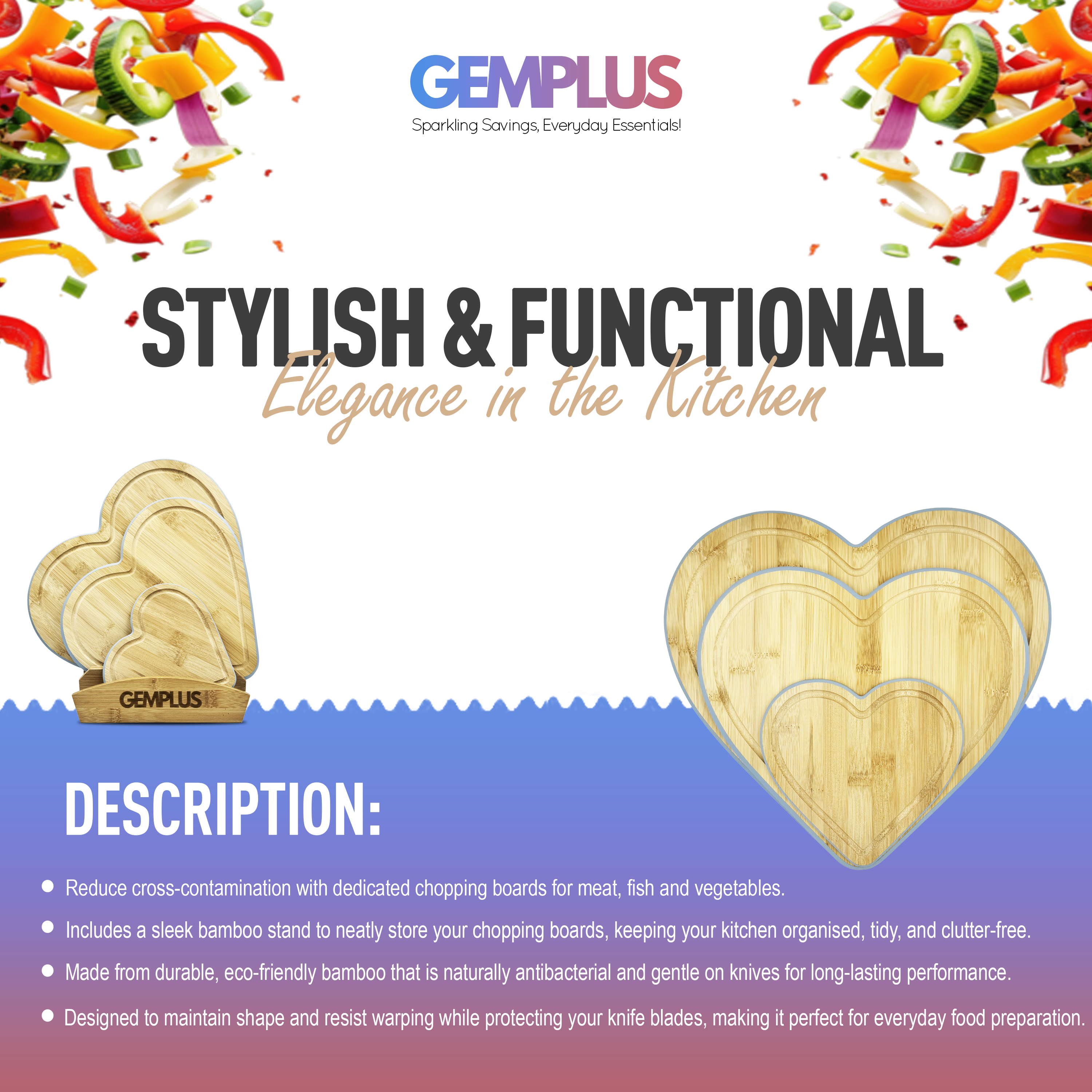 GEM+ | Heart Shaped Bamboo Chopping Boards Set of 3 Blue Trim with Stand – Wooden Kitchen Boards