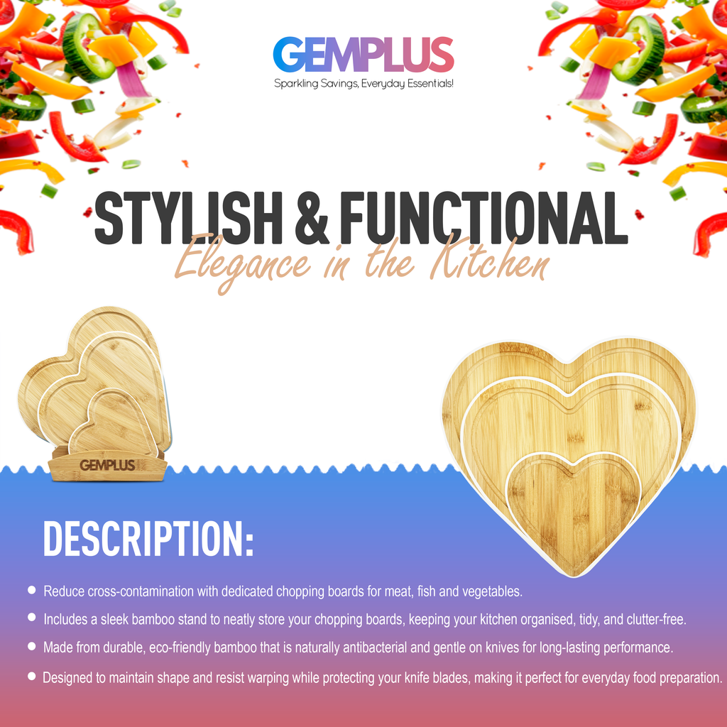 GEM+ | Heart Shaped Bamboo Chopping Boards Set of 3 White Trim with Stand – Wooden Cutting Boards Set